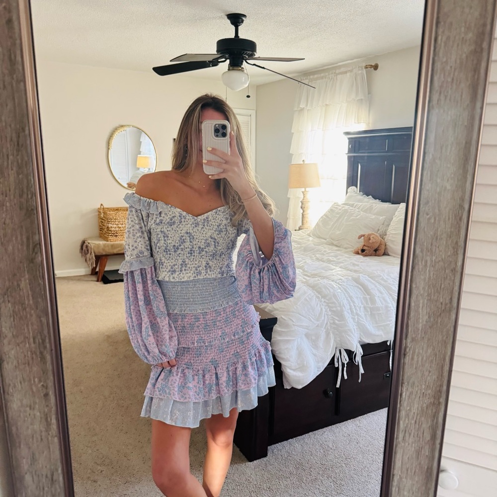 REVOLVE Off-Shoulder Pastel Floral Mini Dress - Lavender & Light Blue